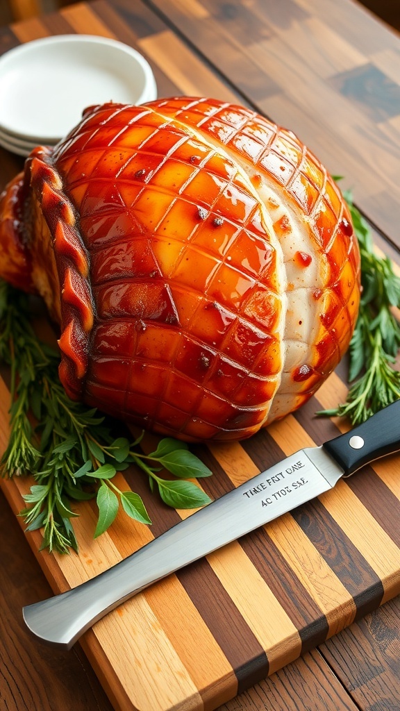 A glazed ham on a cutting board with herbs and spices, ready to be sliced.